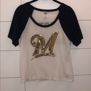 PINK navy and gold baseball tee, sequined letters